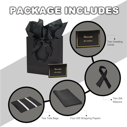 Papertide 2 Pack 10x4.5x11 Inch Large Black Gift Bag Set with Tissue Paper, Greeting Card & Ribbon, Big Gift Wrapping Kits...