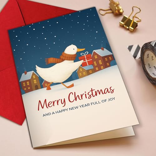 (5.3x8in) Cute Duck Christmas Card, Merry Christmas and Happy New Year Full of Joy, Handmade Holiday Greeting with Festive...