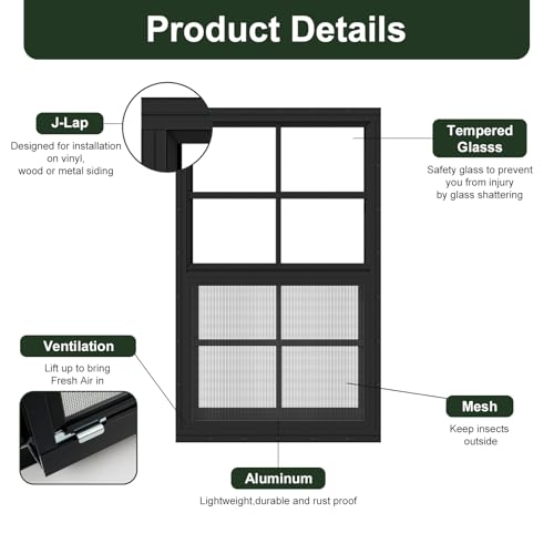 1 Pack Black Shed Window 12" x 18" Flush Mount Window with Tempered Glass and Fiberglass Screen for Chicken Coop Sheds Bar...