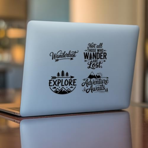 (4PCs) Adventure Quote Decal Set Black UV DTF Decal Waterproof Durable Easy to Apply Adventure Awaits Explore Wanderlust B...