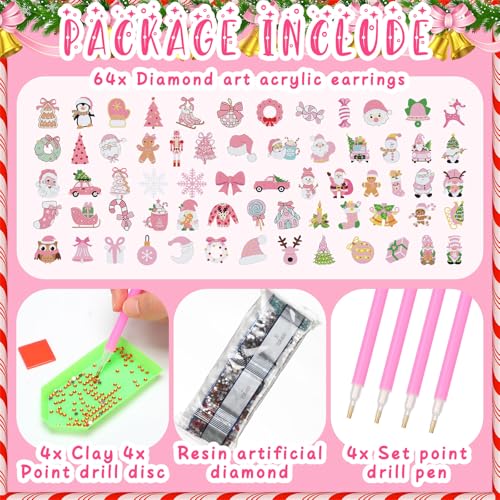 Hungdao 64 Pcs Christmas Diamond Art Ornaments Kits Xmas Diamond Art Kits for Adults Santa Claus Snowman Xmas Tree 5D Wint...