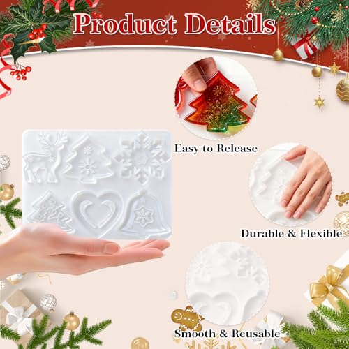 Christmas Resin Molds, Christmas Silicone Mold for Epoxy Resin, 6 Designs Ornament Mold with Xmas Tree Snowflakes Reindeer...