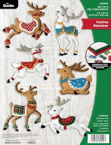 Bucilla Felt Applique 6 Piece Ornament Making Kit, Festive Reindeer, Perfect for DIY Arts and Crafts, 89299E