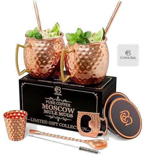 COPPER-BAR Moscow Mule Copper Mugs - Unique HANDCRAFTED Gift Set of 2, Hammered by Artisan, 100% Pure Solid Copper Cups 16...