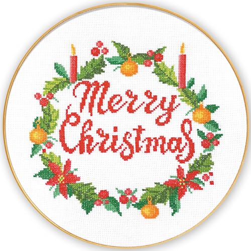 'Merry Christmas' Counted Cross Stitch Kit - DIY Holiday Ornament Embroidery Set with Paper Pattern, Threads & 14ct Aida -...