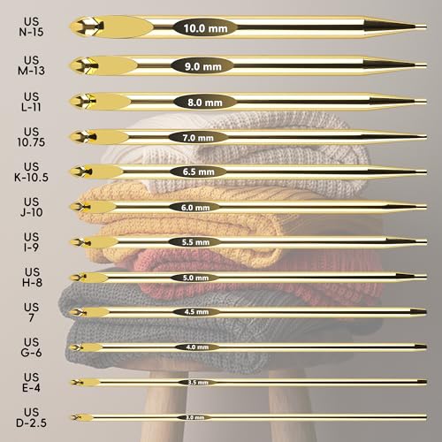 27Pc Gold Plated Tunisian Crochet Hooks Set 3mm-10mm, Interchangeable Aluminum Crochet Hook with Cable, Long Crochet Hooks...
