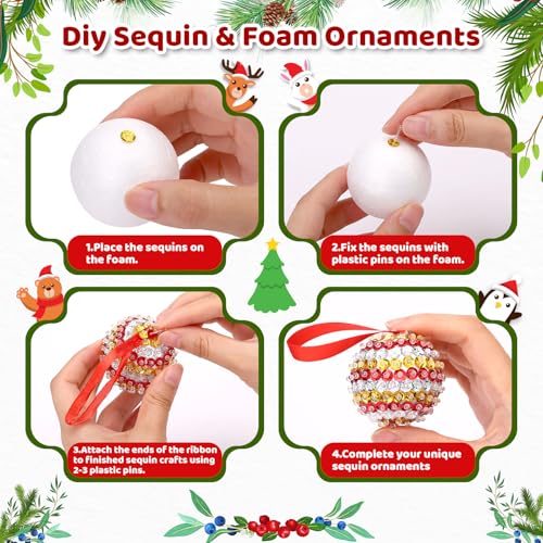 Naler 6 PCS Christmas Sequin Ornament Making Kit - Includes Ball, Snowflake, Tree Styrofoam, Make Your Own Christmas Ornam...