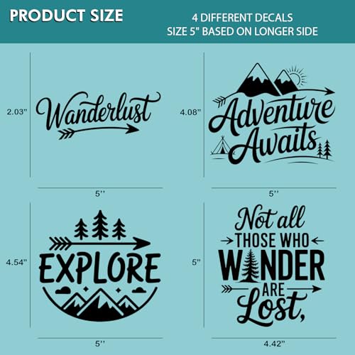 (4PCs) Adventure Quote Decal Set Black UV DTF Decal Waterproof Durable Easy to Apply Adventure Awaits Explore Wanderlust B...