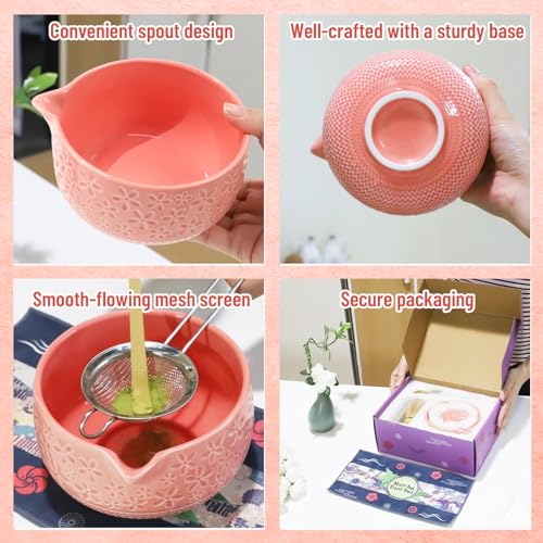 Matcha Whisk Set, 7Pcs Pink Matcha Kit for Ceremony, Handcrafted Gifts for Women, Traditional Ceramic Matcha Bowl with Spo...