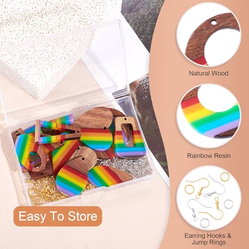 Cheriswelry 8 Pairs Walnut Wood Earring Kit Rainbow Earring Pendants Wooden Resin Charms Hang Ornament Earring Hooks Jump ...