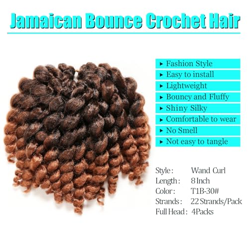 Jamaican Bounce Crochet Hair-4 Packs Deal 8 Inch 22Roots Jumpy Wand Curly Crochet Hair For Black Women (8 Inch 4 Packs, T1...