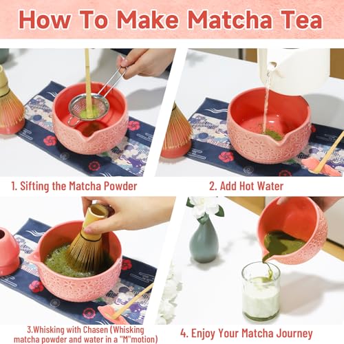Matcha Whisk Set, 7Pcs Pink Matcha Kit for Ceremony, Handcrafted Gifts for Women, Traditional Ceramic Matcha Bowl with Spo...