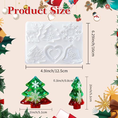 Christmas Resin Molds, Christmas Silicone Mold for Epoxy Resin, 6 Designs Ornament Mold with Xmas Tree Snowflakes Reindeer...