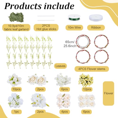 FREEBLOSS 100+pcs White Floral Crown DIY Kit Flower Crowns Making Kit DIY Floral Crown Garland Kit Wedding Hair Accessorie...