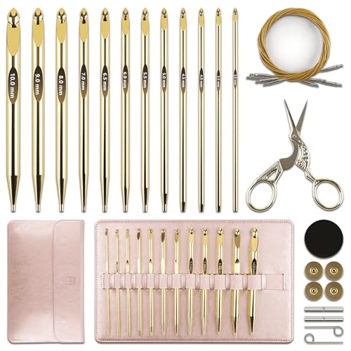 27Pc Gold Plated Tunisian Crochet Hooks Set 3mm-10mm, Interchangeable Aluminum Crochet Hook with Cable, Long Crochet Hooks...
