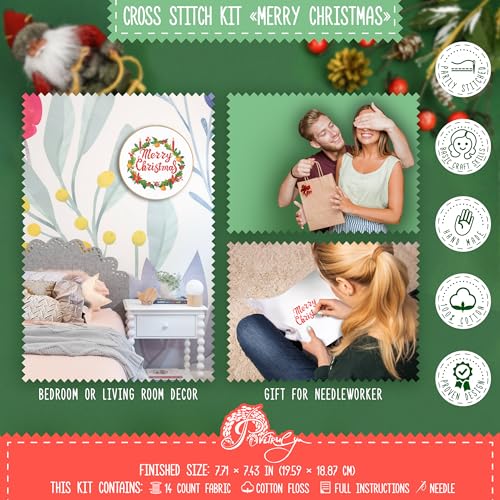 'Merry Christmas' Counted Cross Stitch Kit - DIY Holiday Ornament Embroidery Set with Paper Pattern, Threads & 14ct Aida -...