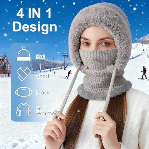 3 in 1 Beanie Hat with Scarf and Mask for Women, Winter Ski Mask & Neck Gaiter Set, Knitted Balaclava Hats for Cold Weathe...