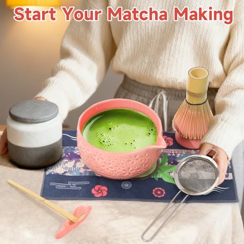 Matcha Whisk Set, 7Pcs Pink Matcha Kit for Ceremony, Handcrafted Gifts for Women, Traditional Ceramic Matcha Bowl with Spo...