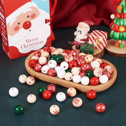 FASHEWELRY 140Pcs Christmas Wood Beads Natural Winter Snowflake Wooden Beads Colorful Polished Round Bead for DIY Xmas Tre...