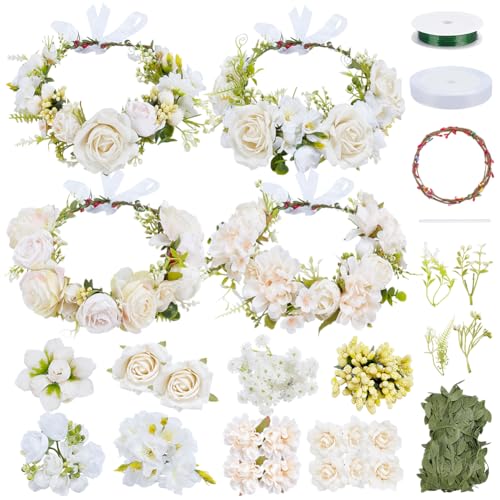 FREEBLOSS 100+pcs White Floral Crown DIY Kit Flower Crowns Making Kit DIY Floral Crown Garland Kit Wedding Hair Accessorie...