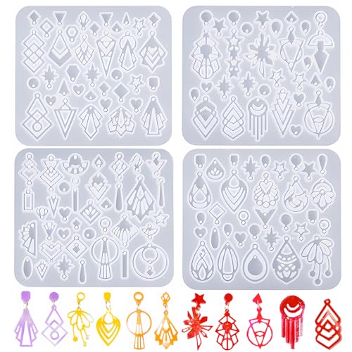 (4 Pack) Resin Earring Molds,Silicone Jewelry Mold with Hole, Variety Shape Geometric Resin Jewelry Molds for DIY Earrings...