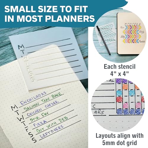 Portable Planner Stencils - x16 Small Square Journal Stencils with Templates for Habit Trackers, Calendars, Checklists, Me...
