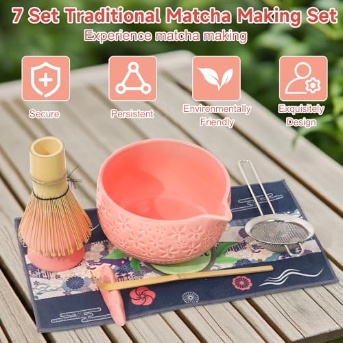 Matcha Whisk Set, 7Pcs Pink Matcha Kit for Ceremony, Handcrafted Gifts for Women, Traditional Ceramic Matcha Bowl with Spo...