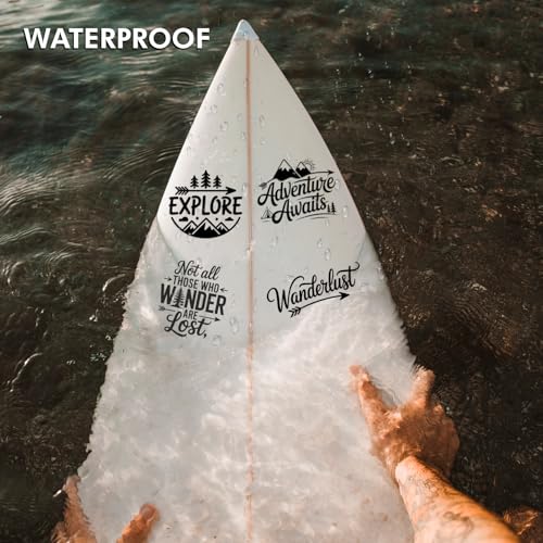 (4PCs) Adventure Quote Decal Set Black UV DTF Decal Waterproof Durable Easy to Apply Adventure Awaits Explore Wanderlust B...