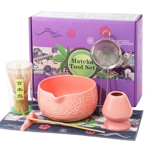 Matcha Whisk Set, 7Pcs Pink Matcha Kit for Ceremony, Handcrafted Gifts for Women, Traditional Ceramic Matcha Bowl with Spo...