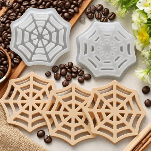 1 Set of Cobweb Coaster Silicone Resin Mold with 4 Pcs Spider Web Shaped Epoxy Silicone Placemat Coasters Casting Molds Tr...