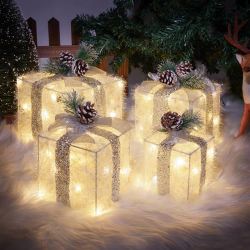 COVFEVER Set of 4 Christmas Lighted Gift Boxes, Pre-lit Light up Present Set with Different Sizes for Holiday Indoor Outdo...