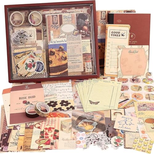 Vintage Aesthetic Scrapbook Kit, 346 Pcs, A6 Grid Notebook, Washi, Envelopes, Scrapbook Papers, Folding Labels, Background...