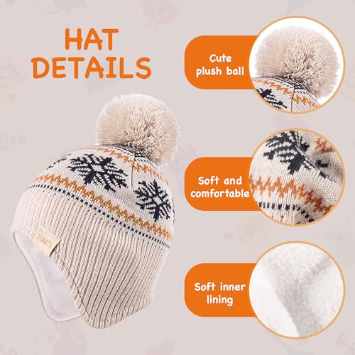 Beanie Knit Hats for Toddlers with Earflap Fleece Lined Hat Kids Warm Winter Hat Scarf Set Children's Thick Ski Cap