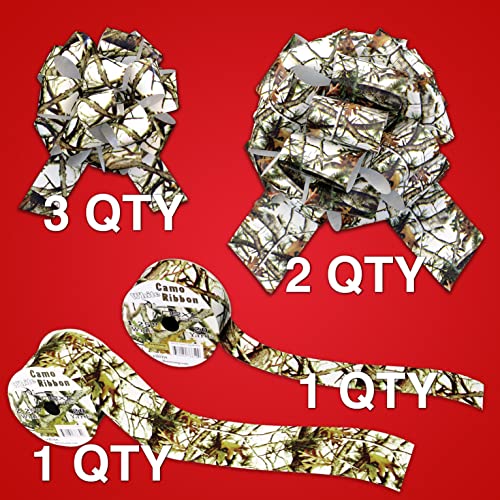 White Hunting Camo Ribbon & Bows Gift Wrapping Kit - 40 Yards of White Camouflage Ribbon and 5 Camo Bows for Gifts, Christ...