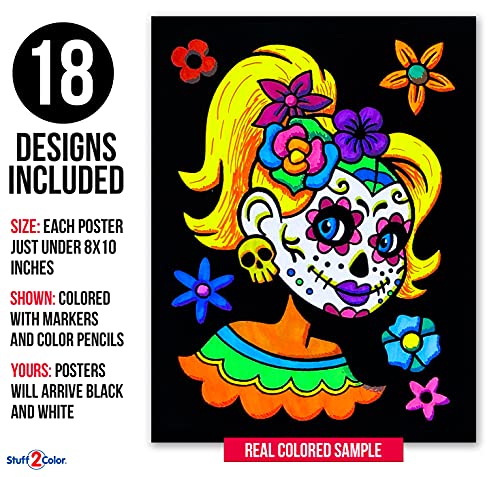 Super Pack of 18 Fuzzy Velvet Coloring Posters (Kids Themed - Day of the Dead) - Halloween and Dia de Los Muertos Coloring...
