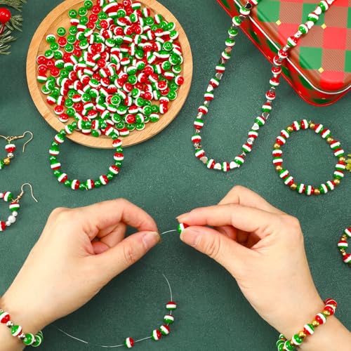 UPINS 500Pcs Resin Christmas Stripe Beads, Xmas Holiday Party Decoration Necklace Bracelets Earrings DIY Ornament Kit
