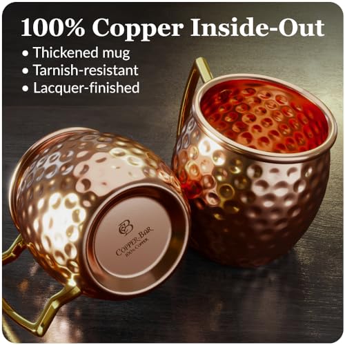 COPPER-BAR Moscow Mule Copper Mugs - Unique HANDCRAFTED Gift Set of 2, Hammered by Artisan, 100% Pure Solid Copper Cups 16...