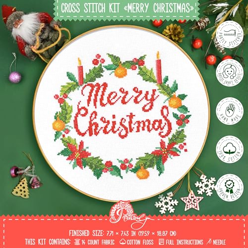 'Merry Christmas' Counted Cross Stitch Kit - DIY Holiday Ornament Embroidery Set with Paper Pattern, Threads & 14ct Aida -...