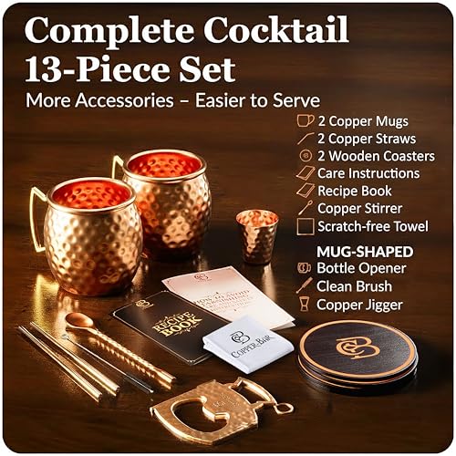 COPPER-BAR Moscow Mule Copper Mugs - Unique HANDCRAFTED Gift Set of 2, Hammered by Artisan, 100% Pure Solid Copper Cups 16...
