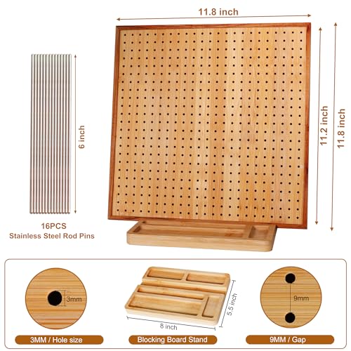 HHSarioneiro 11.8" Crochet Blocking Board with 16 Pins/Pegs, Granny Square Blocking Boards for Crochet Projects, Wooden Cr...
