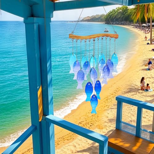 Glass Fish Wind Chimes for Outdoor Patio & Front Yard Decor, Small Unique Suncatcher Windchimes, Handcrafted Gifts for Wom...