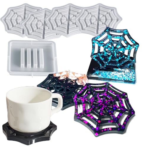 1 Set of Cobweb Coaster Silicone Resin Mold with 4 Pcs Spider Web Shaped Epoxy Silicone Placemat Coasters Casting Molds Tr...