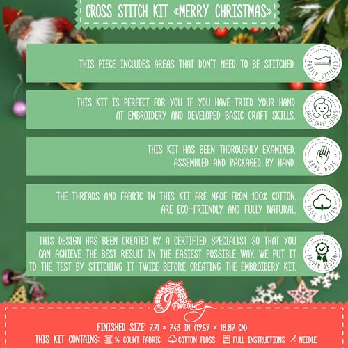 'Merry Christmas' Counted Cross Stitch Kit - DIY Holiday Ornament Embroidery Set with Paper Pattern, Threads & 14ct Aida -...