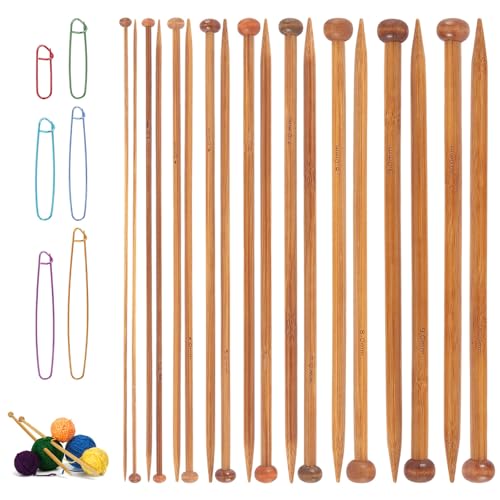 Bamboo Knitting Needles Set, 9 Pairs Single Point Straight Wood Needles for Beginners, Long Wooden Knitting Needles for Sw...