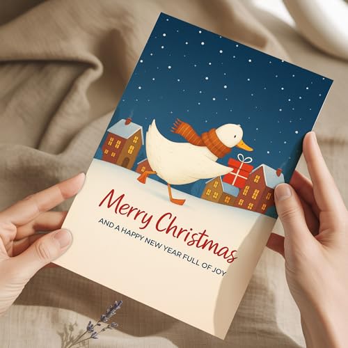 (5.3x8in) Cute Duck Christmas Card, Merry Christmas and Happy New Year Full of Joy, Handmade Holiday Greeting with Festive...