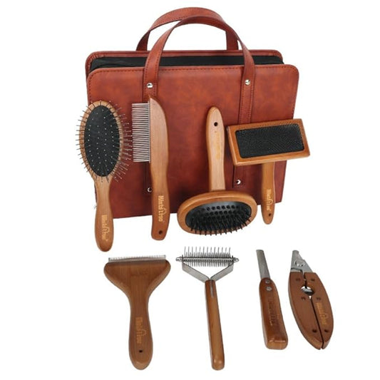 Dog Grooming Kit, 8-in-1 Professional Pet Grooming Tools with Wooden Handles – Shedding Brush, Dematting Comb, Nail Clippe...