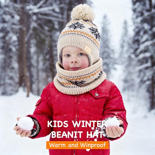 Beanie Knit Hats for Toddlers with Earflap Fleece Lined Hat Kids Warm Winter Hat Scarf Set Children's Thick Ski Cap