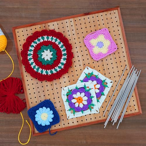 HHSarioneiro 11.8" Crochet Blocking Board with 16 Pins/Pegs, Granny Square Blocking Boards for Crochet Projects, Wooden Cr...