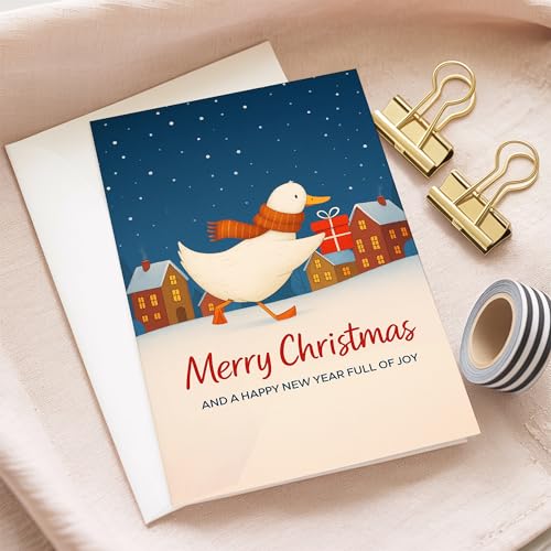 (5.3x8in) Cute Duck Christmas Card, Merry Christmas and Happy New Year Full of Joy, Handmade Holiday Greeting with Festive...