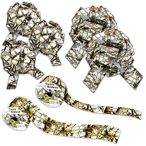 White Hunting Camo Ribbon & Bows Gift Wrapping Kit - 40 Yards of White Camouflage Ribbon and 5 Camo Bows for Gifts, Christ...
